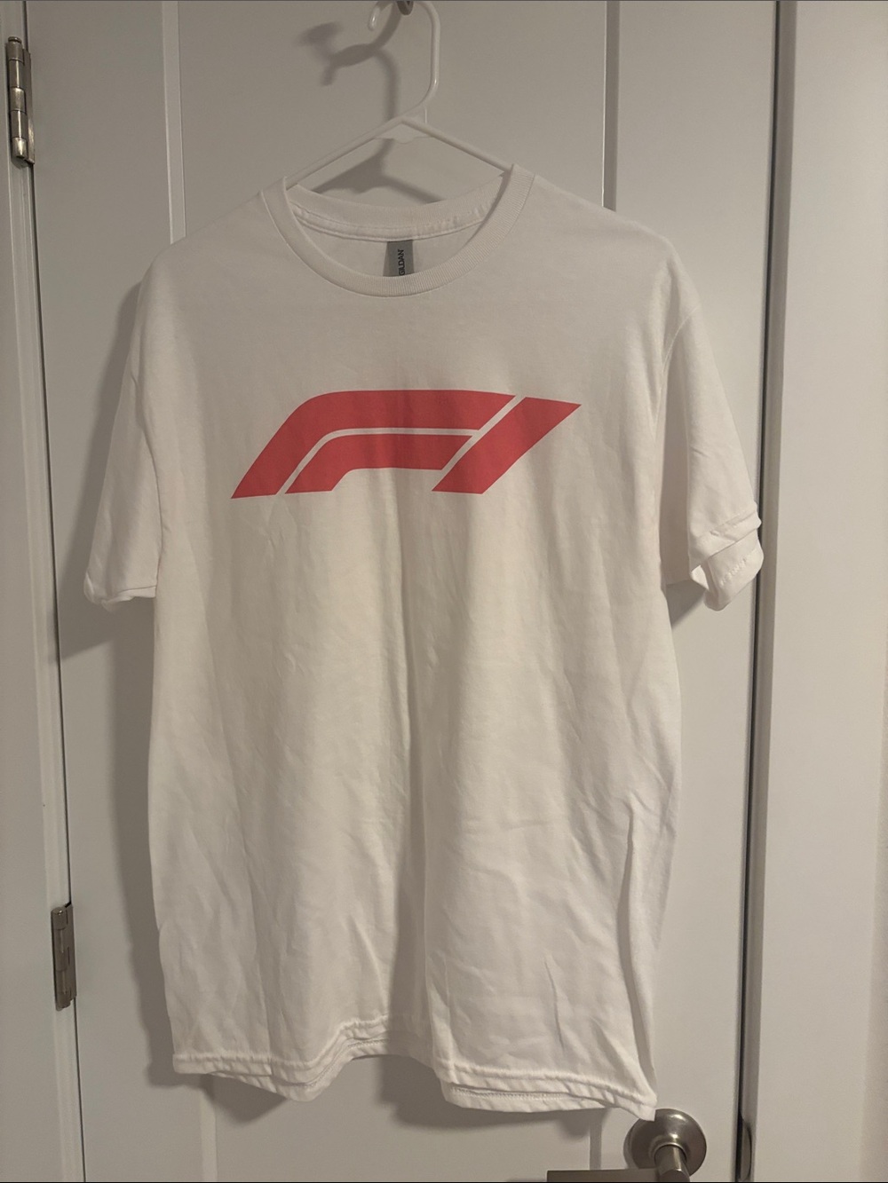 Gildan White Short Sleeve Tee with Coral Red F1 Logo